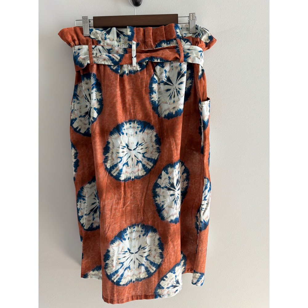 Porridge Clothing Rust Orange Tie Dye Paperbag Waist Linen Blend Midi Skirt M - Picture 3 of 10